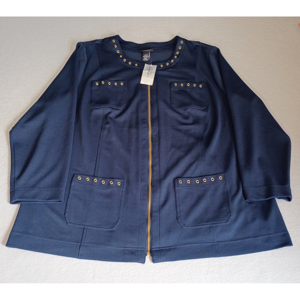 NEW - Catherines Woman's Plus Size 2X Zip Up Blouse Top Navy Gold Accents Eyelet